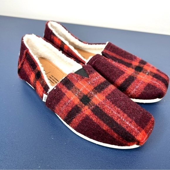 Toms Alpargata Red Plaid Buffalo Check Faux Sherling Sherpa Slip On Shoes Size 6 - Picture 12 of 14